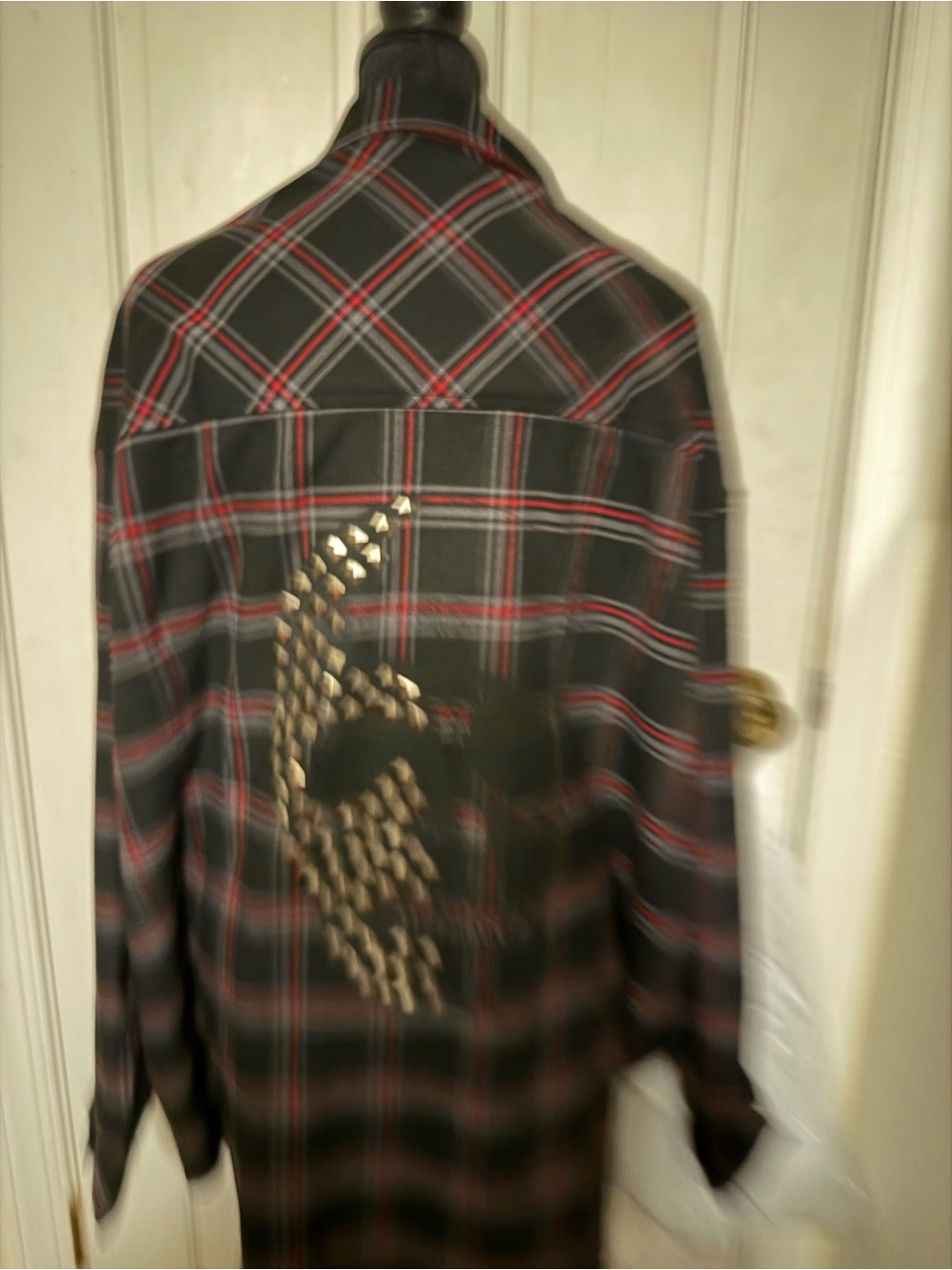 Black and Red Plaid Stud-Accent Men's Button-Down Shirt